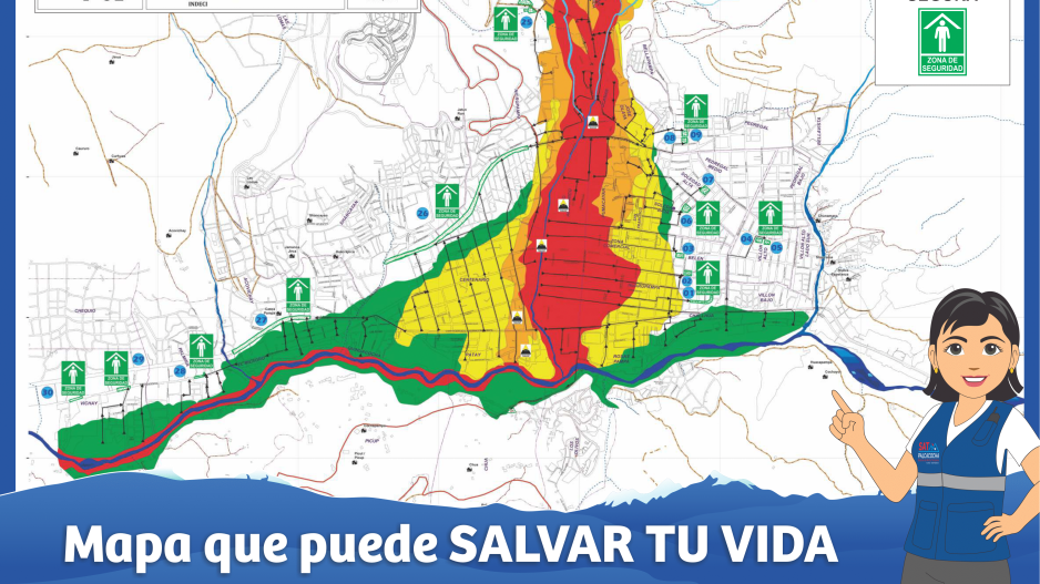 Eine Risikokarte für die Stadt Huaraz. Es werden die verschiedenen Gefahrenzonen in grün, gelb und rot dargestellt.